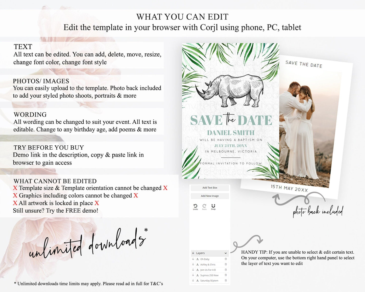Rhino Save The Date Template Rhino Party Save The Date Safari Adventure Rhino Minimal Theme For 1st Birthday Baptism Baby Shower D10848