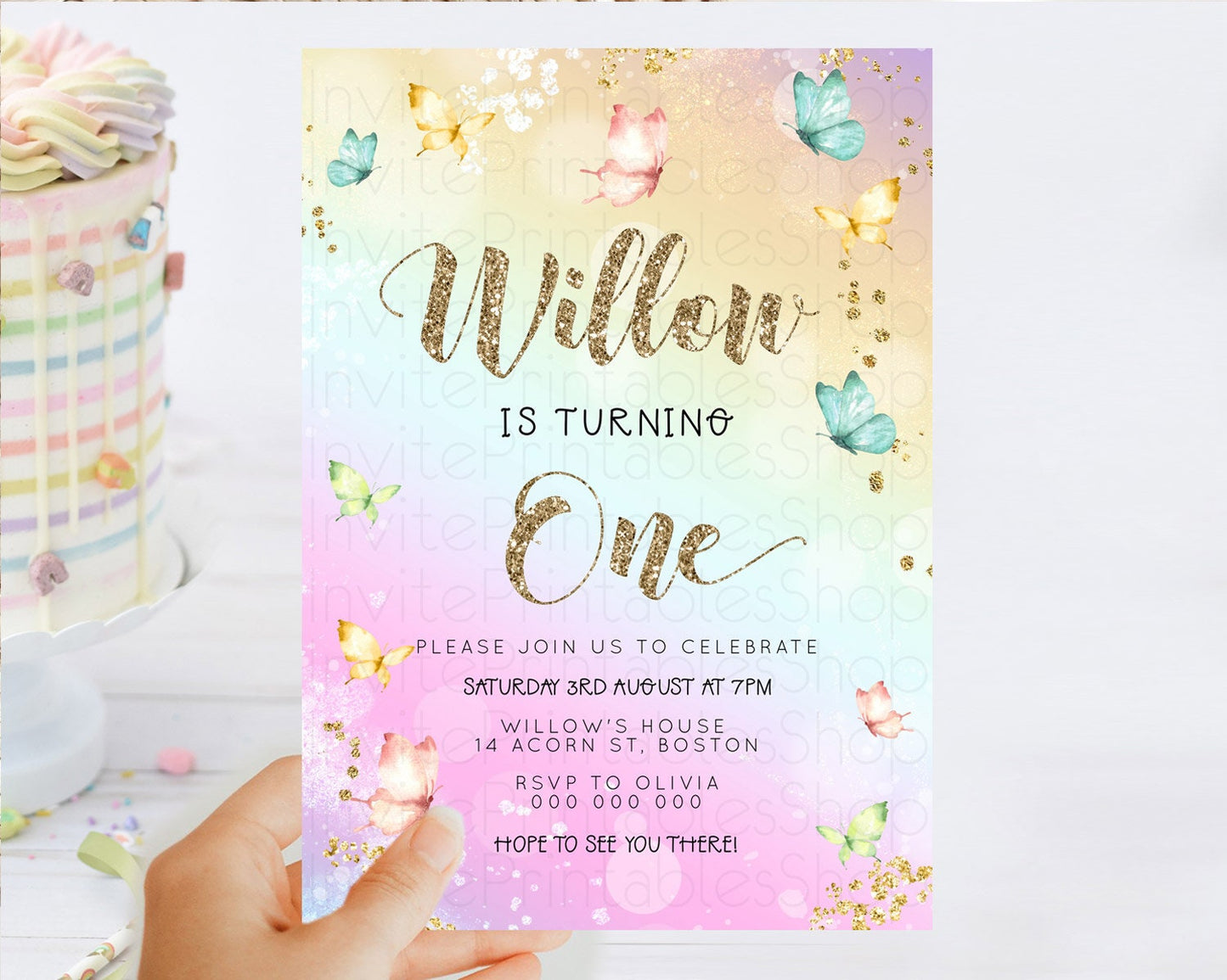 Pastel Butterfly Birthday Invitation Butterfly Birthday Invitation Colorful Splash Glitter Butterfly Garden 1st 2nd Birthday D23084