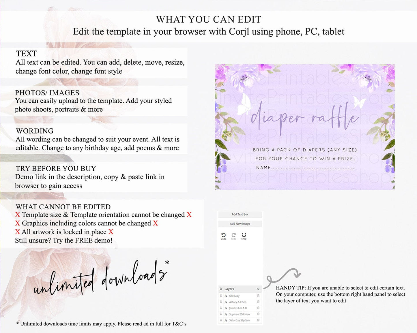 Secret Garden Diaper Raffle Card Boho Wildflower Diaper Raffle Insert Pastel Flower Garden Baby Shower Card Flower Raffle Game D10719