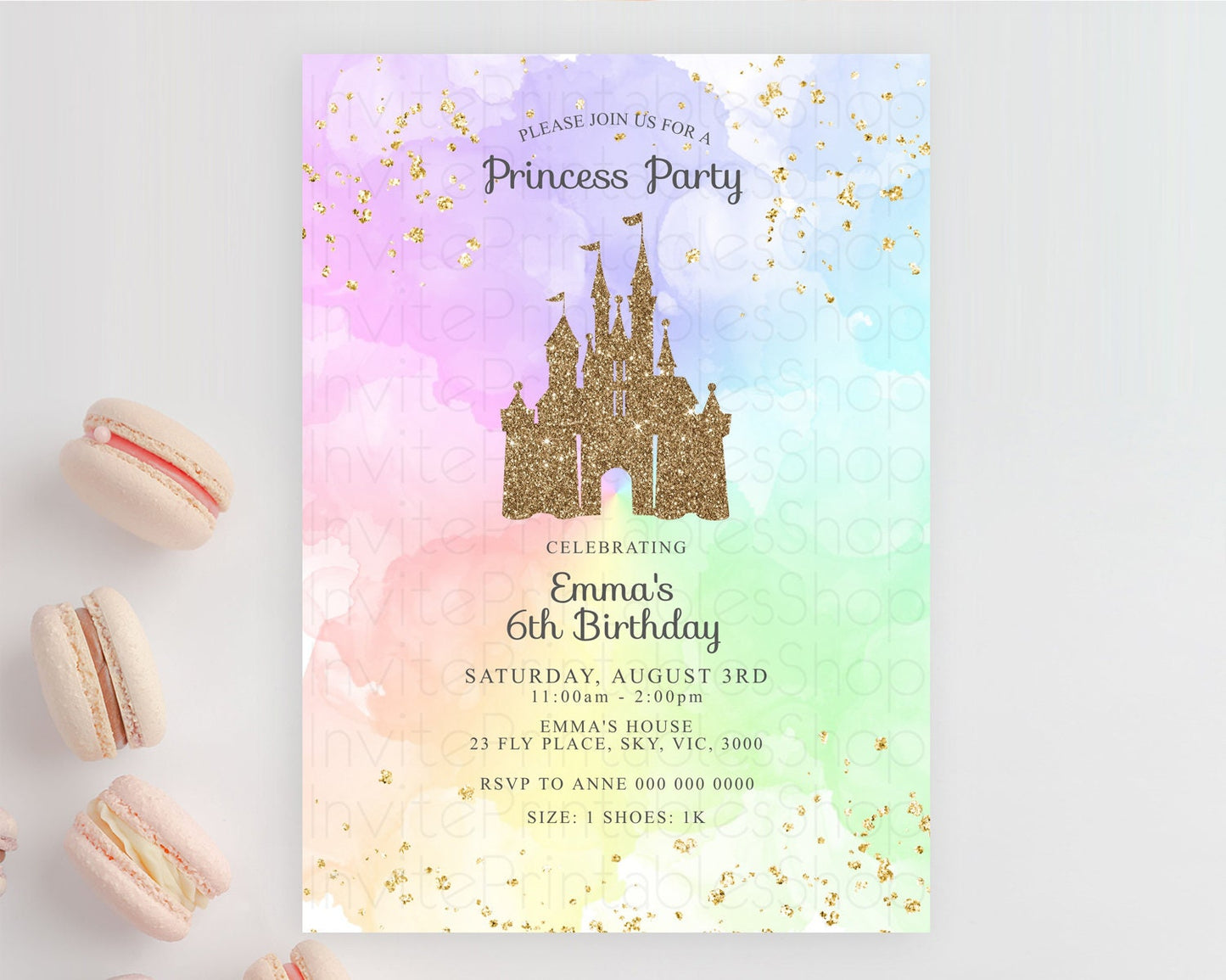 Princess Birthday Invitation Princess Invitation Pastel Invitation Royal Birthday Rainbow Color Enchanted Castle 1st First Birthday D10703