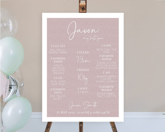 Pink First Birthday Milestone Poster Plain Pink Milestone Board Minimalist Pastel Pink Milestone Modern 1st Birthday Welcome Sign D10936