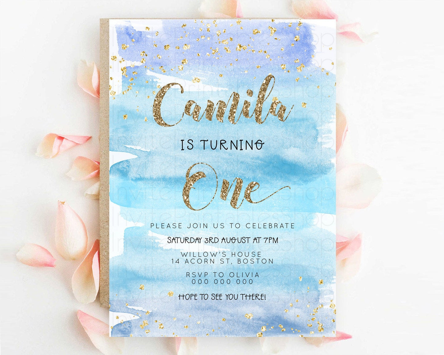 Blue Birthday Invitation Blue Watercolor Invitation Pastel Blue Watercolor Invitation Blue Splash Gold Invitation 1st First Birthday D23277