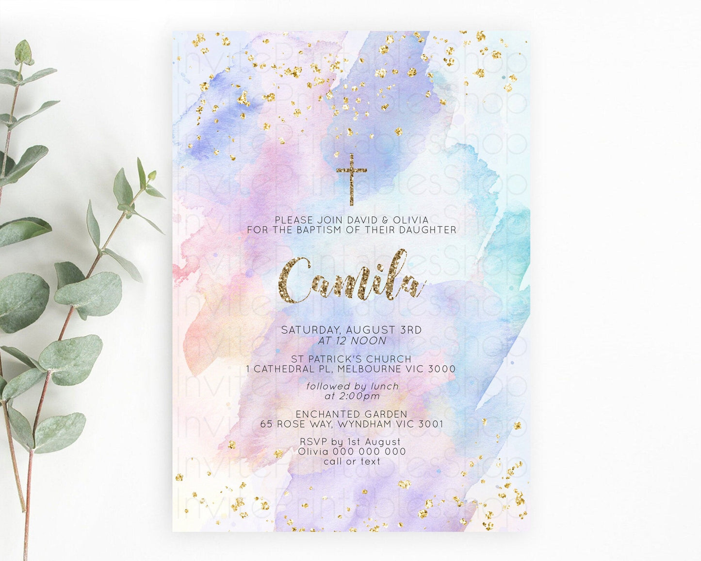 Pastel Baptism Invitation Pastel Colors Watercolor Baptism 1st Birthday Party Gold Ombre Pastel Rainbow Christening Holy Communion D10583
