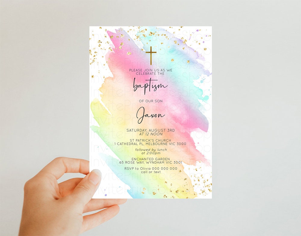 Rainbow Baptism Invite Pastel Invite Rainbow Pastel Invite Rainbow Christening Invite Glitter Gold Cross Invite Watercolor invite T518