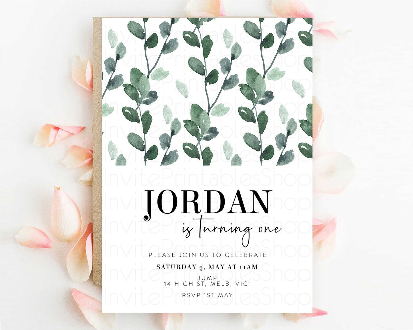 Leafy Birthday Invitation Leafy Invitation Simple Greenery Invitation Eucalyptus Fern Spray Leaves Minimal Green Leaf Watercolour D11059