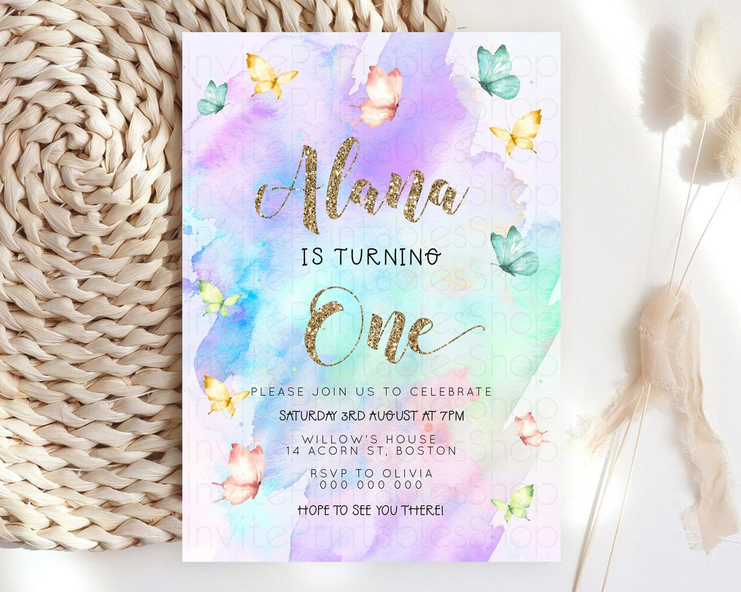 Pastel Butterfly Birthday Invitation Butterfly Birthday Invitation Colorful Splash Glitter Butterfly Garden 1st 2nd Birthday D23244