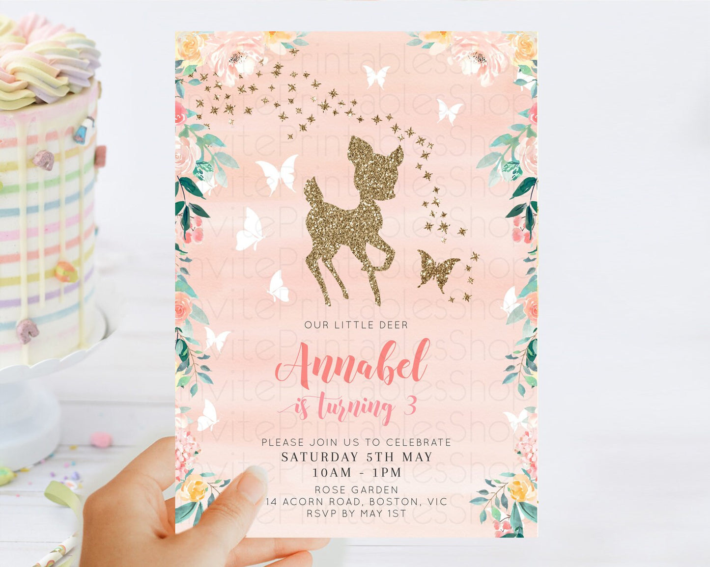 Fawn Birthday Invitation Deer Birthday Invitation Enchanted Forest Party Butterfly Pastel Flowers Whimsical 2nd 1st First Birthday D10873