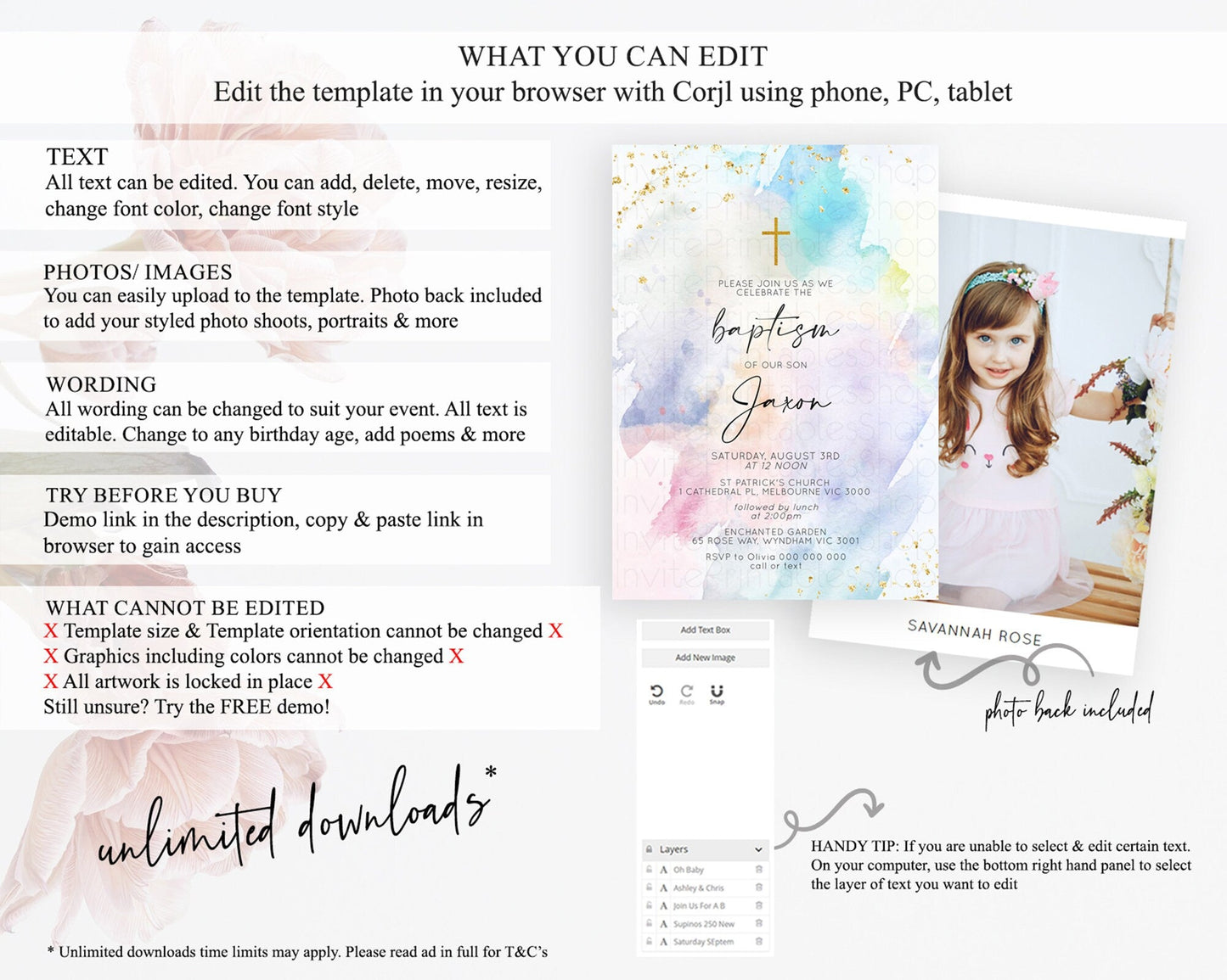 Pastel Baptism Invitation Pastel Colors Watercolor Baptism 1st Birthday Party Gold Ombre Pastel Rainbow Christening Holy Communion D10420