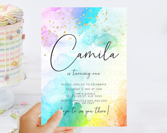 Rainbow Birthday Invitation Colorful Pastel Watercolor Invitation Gold Glitter Sprinkles Ombre Pastel 1st 2nd 3rd Birthday D10771