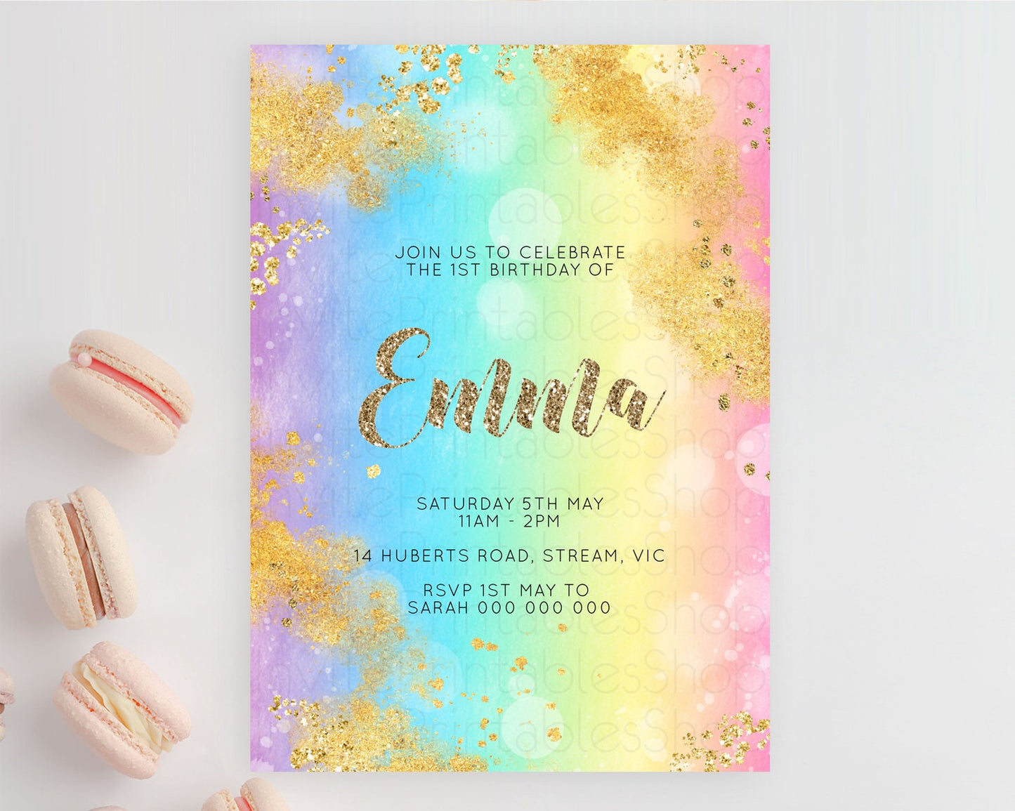 Rainbow Birthday Invitation Colorful Pastel Watercolor Invitation Gold Glitter Sprinkles Ombre Pastel 1st 2nd 3rd Birthday D10561