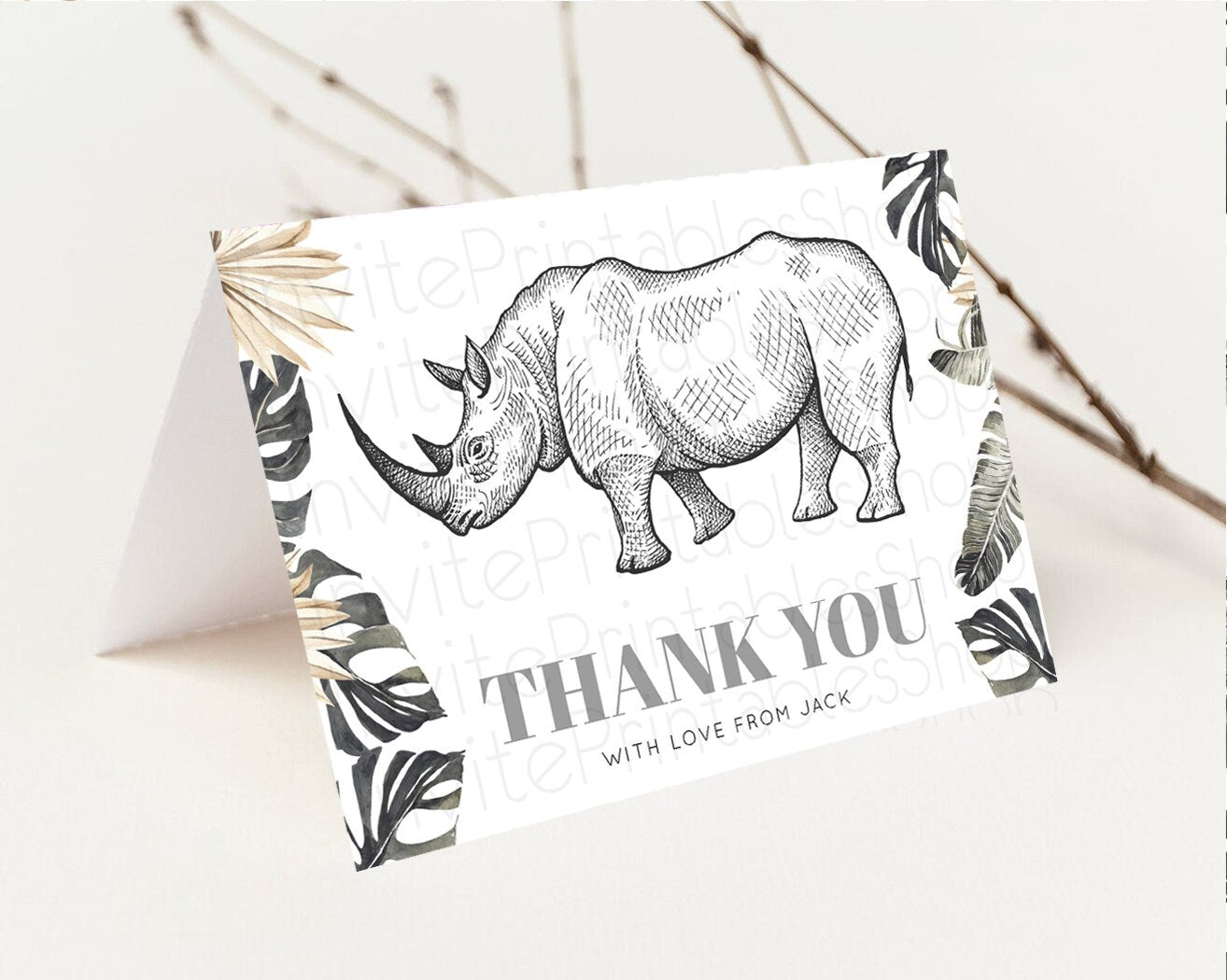 Rhinoceros Thank You Card Dried Palm Fern Wild One Safari Jungle Zoo Foldable Card Tent Flat Postcard Detail Insert Card Birthday p269