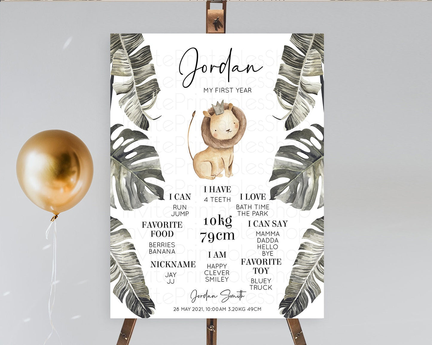 Lion First Birthday Milestone Board Lion Milestone Poster Lion Decor Safari Adventure Palm Leaf Lion First Birthday Welcome Sign D10599