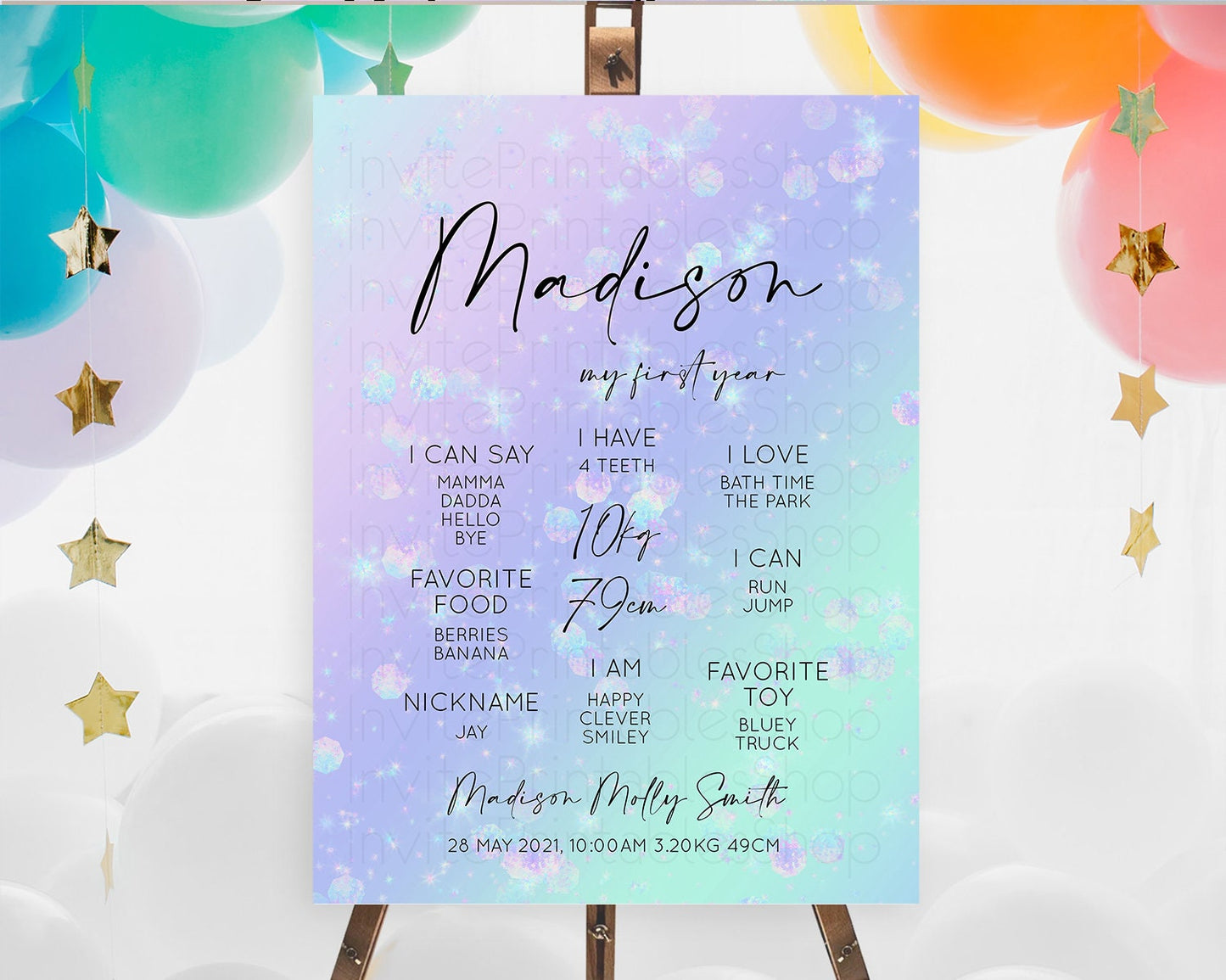 Rainbow First Birthday Milestone Poster Colorful Pastel Watercolor Iridescent Sprinkles Ombre Pastel Milestone Board First Birthday D10663