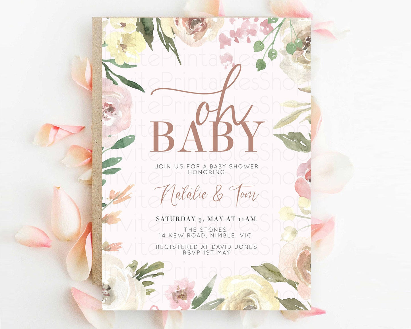 Wildflower Baby Shower Invitation, Enchanted Secret Garden Theme with Soft Pink, Green, and Yellow Flowers, Oh Baby Floral Invitation D10192