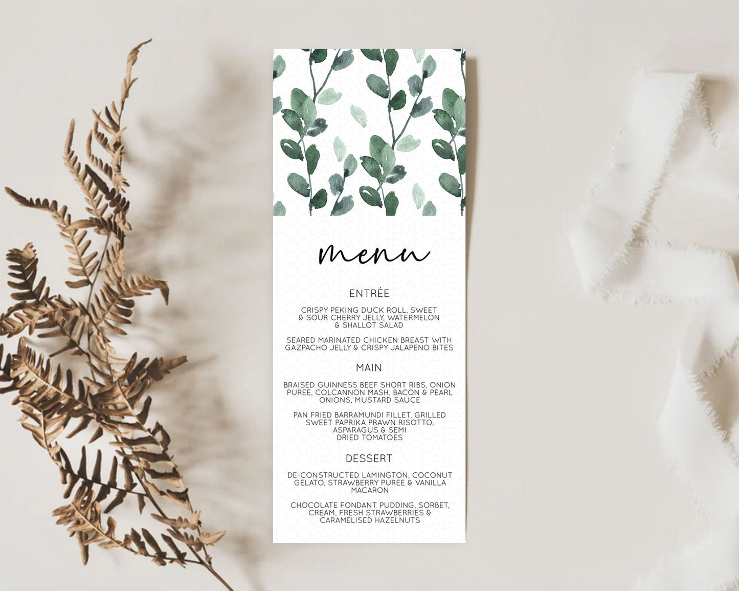 Leafy Menu Green Leaf Menu Template Eucalyptus Fern Leaves Decor Watercolor Boho Garden Leaf Branch Dinner Dessert Party Food Menu D11059