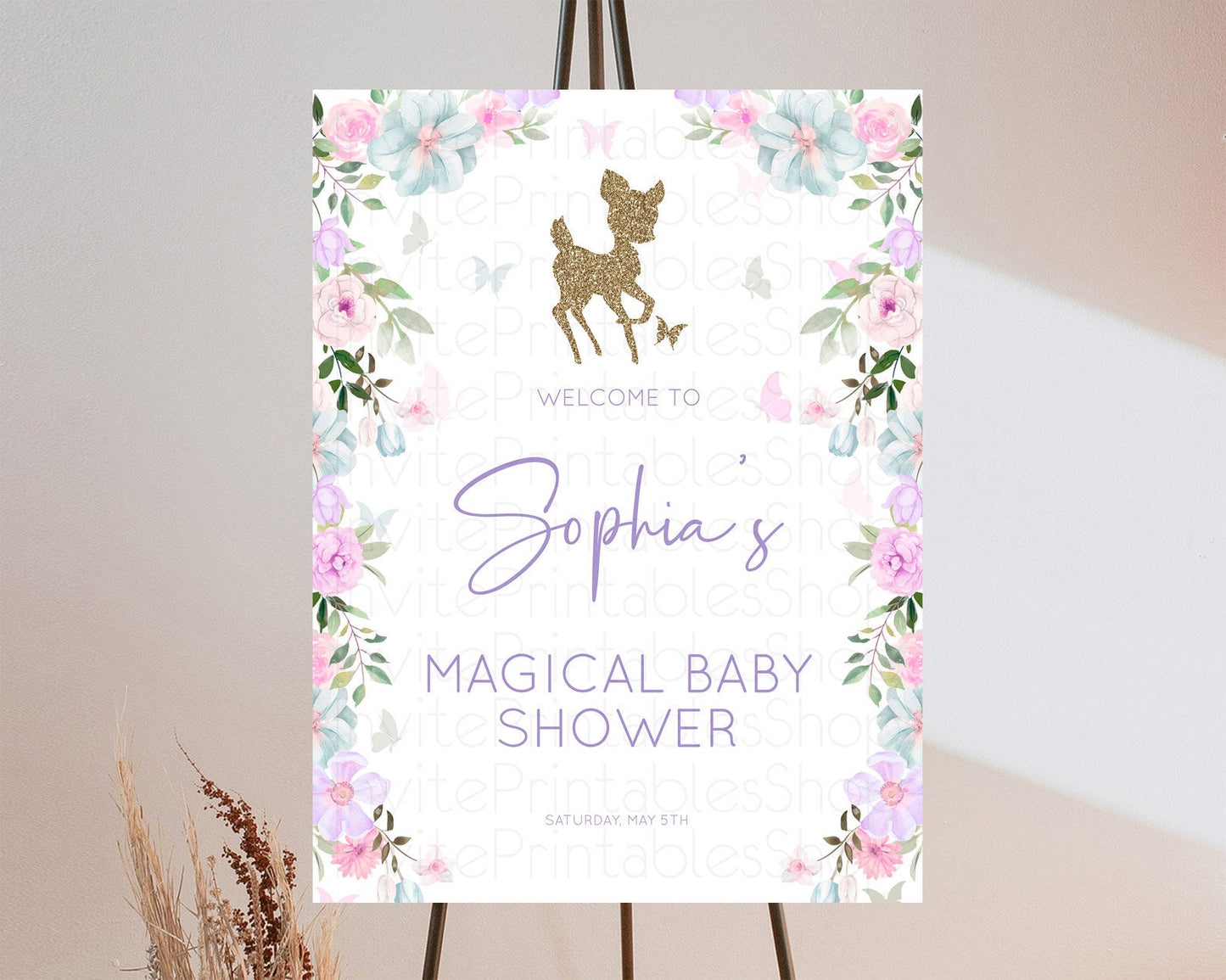 Fawn Baby Shower Welcome Sign Deer Welcome Board Floral Deer Welcome Poster Enchanted Forest Butterfly Pastel Floral Welcome Sign D10476