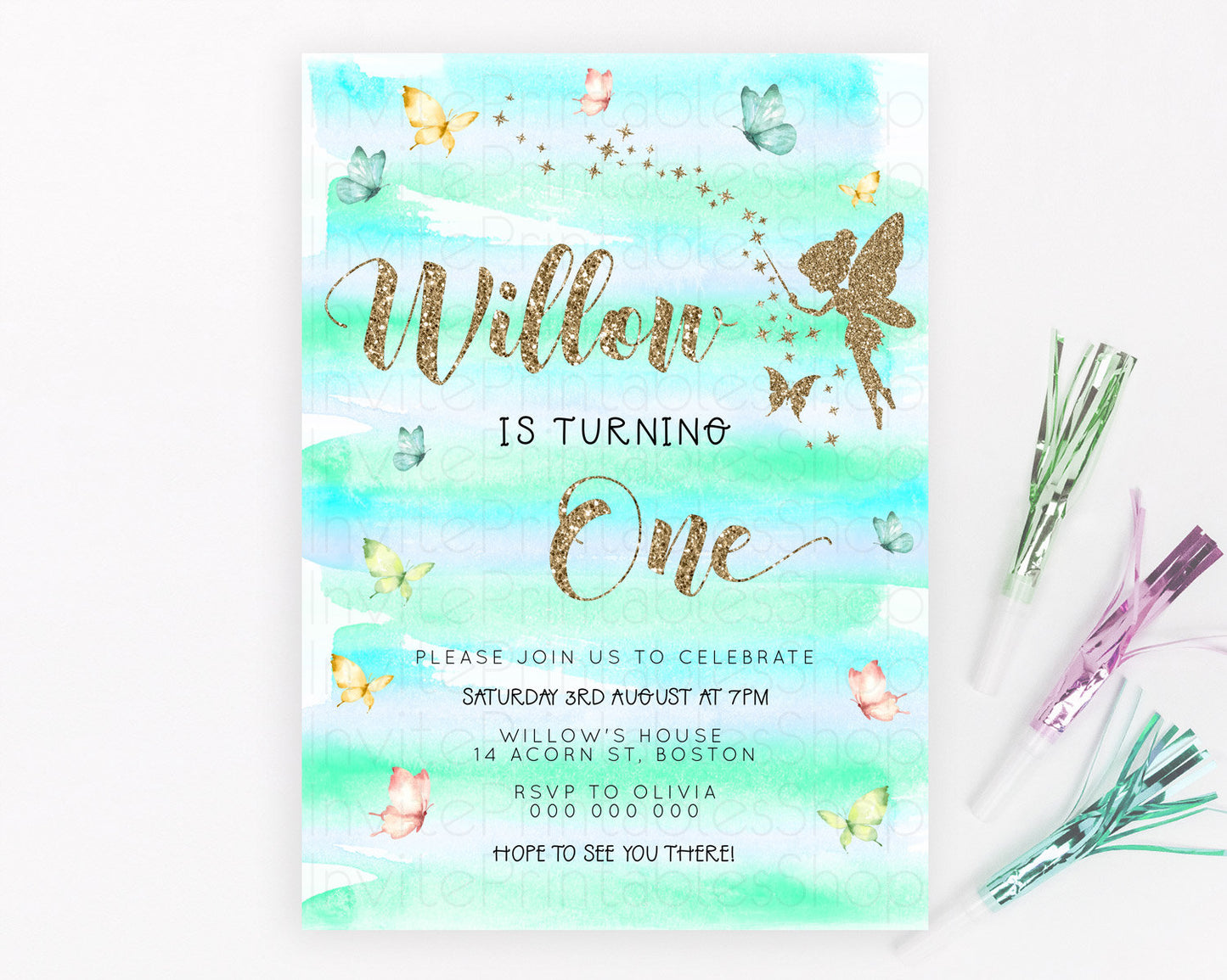 Pastel Fairy Birthday Invitation Pastel Butterflies Fairy Birthday Invitation Rainbow Ombre Watercolor 1st 2nd Birthday Invitation D23314