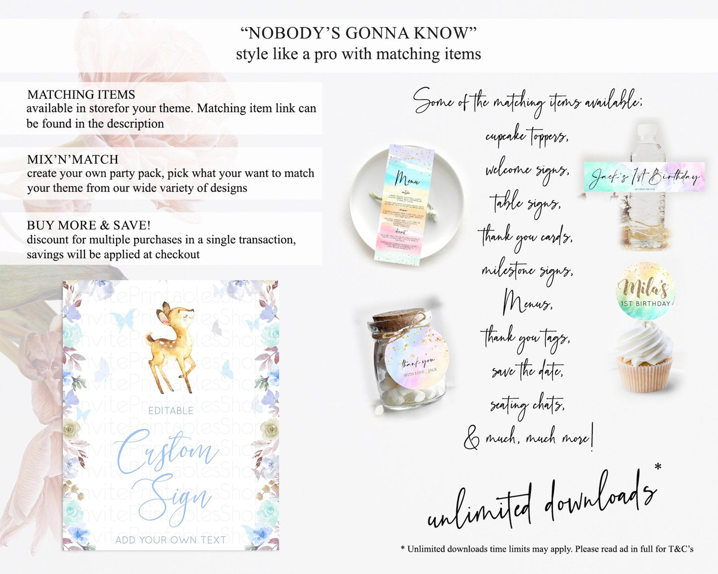 Fawn Deer Sign Pastel Floral Deer Table Sign Decor Enchanted Forest Butterfly Party 1st Birthday Baptism Baby Shower Bridal Shower D10960