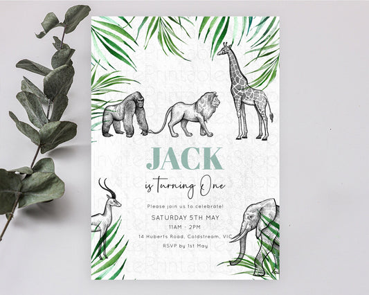 Safari Birthday Invitation Lion Gorilla Elephant Rhino Tropical Palm Jungle Safari Adventure Zoo Party Animal 2nd 1st First Birthday D10853