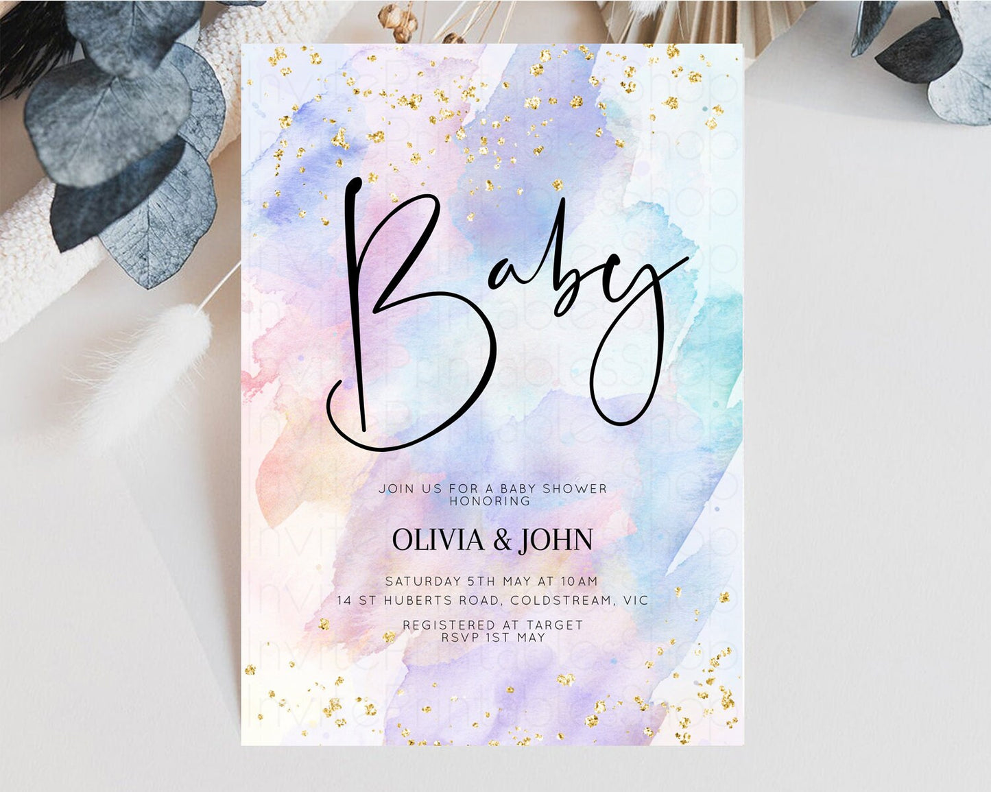 Rainbow Baby Shower Invitation Watercolor Pastel Invitation Colorful Splash Baby Invite Gold Glitter Sprinkles Ombre Gender Reveal t576