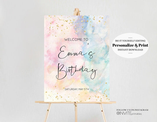 Rainbow Welcome Sign Pastel Watercolor Welcome Board Gold Glitter Foil Colorful Paint Splash Party Entry Sign Poster Birthday 276v2