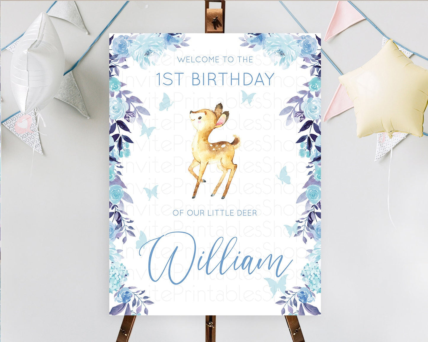 Fawn Welcome Sign Deer Welcome Board Floral Deer Welcome Poster Enchanted Forest Butterfly Pastel Floral First Birthday Welcome Sign D10917