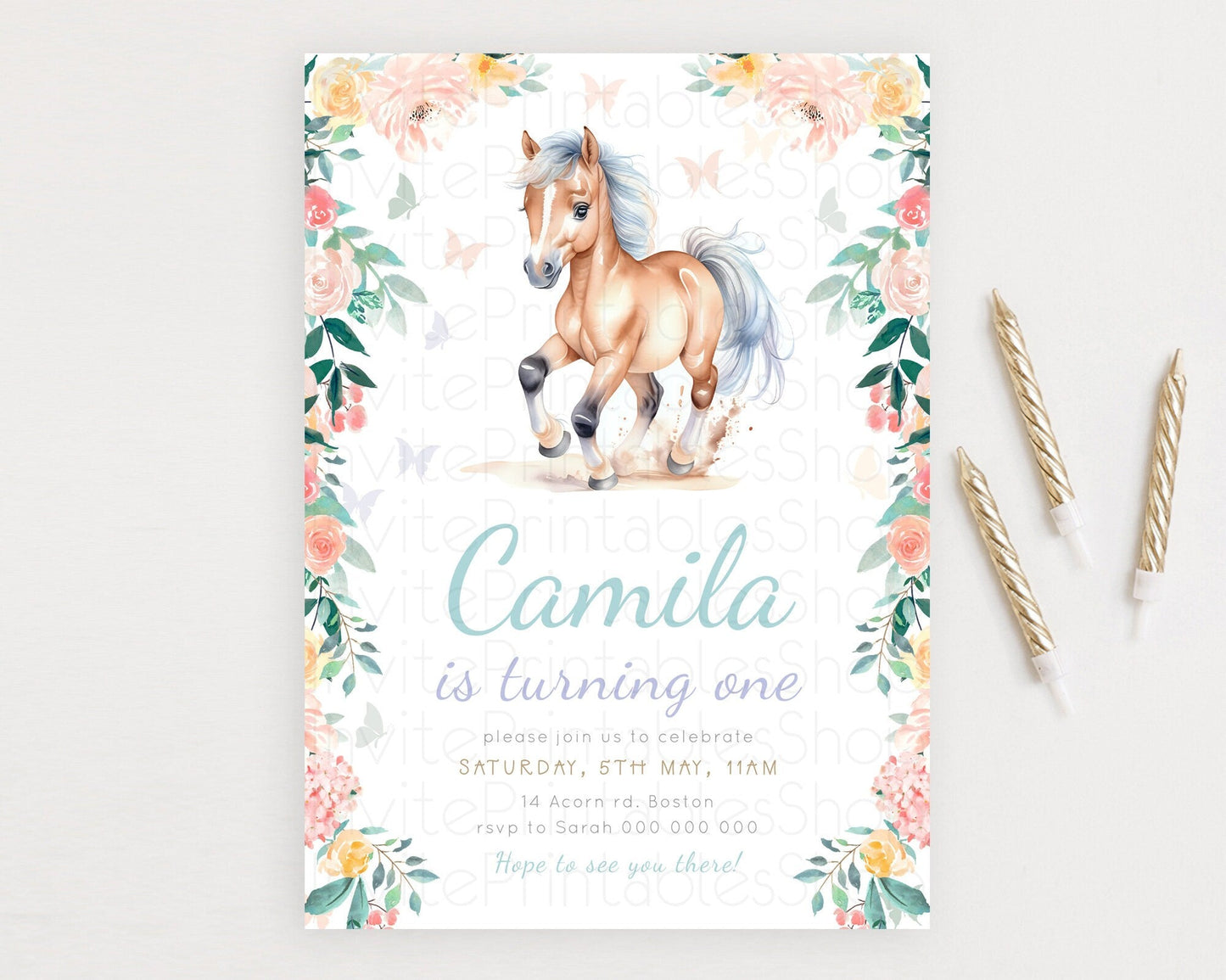 Editable Horse Birthday Invitation Girl Saddle Up Watercolor Cowgirl Party Horse Invite Pink Floral Download Printable Template d23385