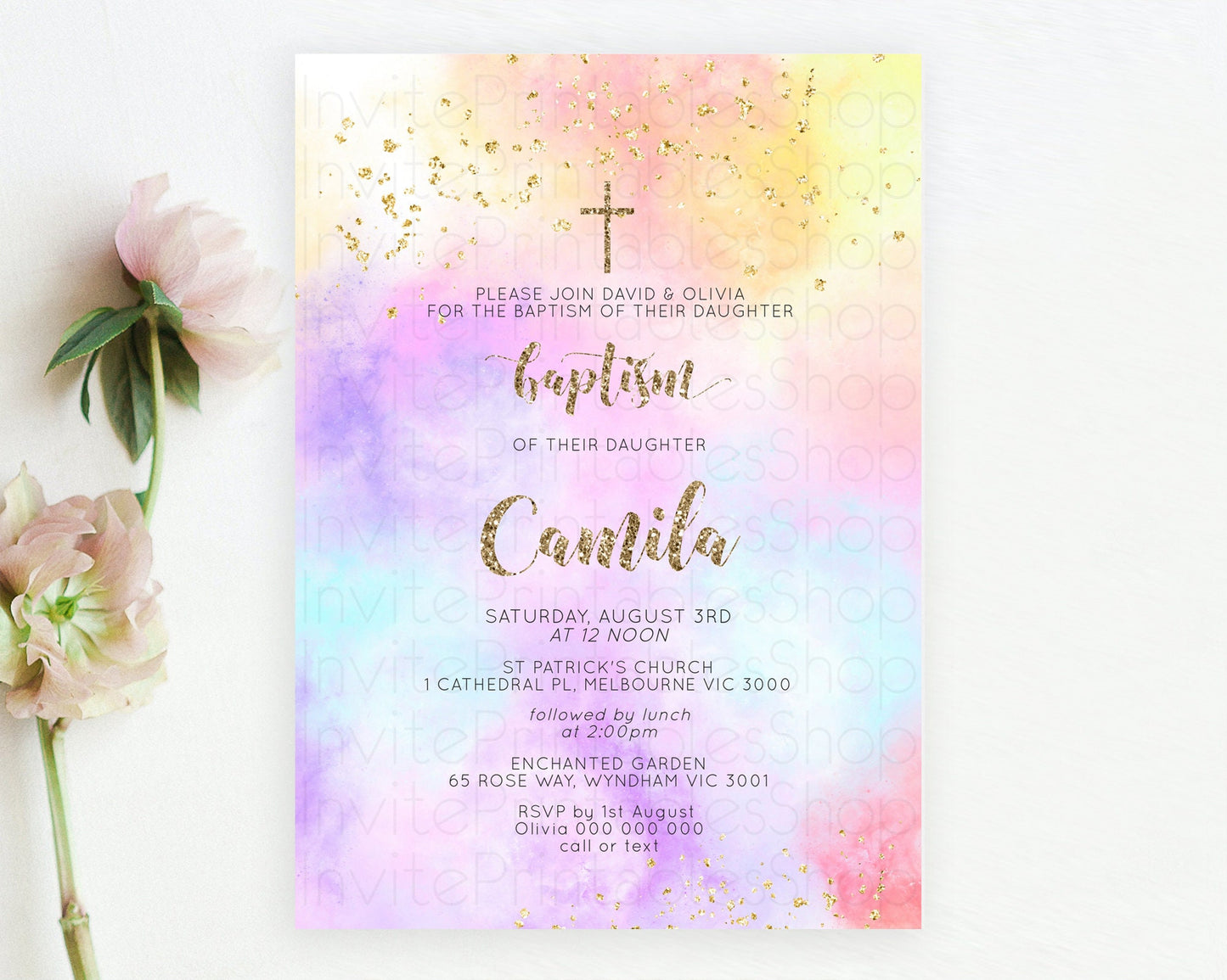 Pastel Baptism Invitation Pastel Colors Watercolor Baptism 1st Birthday Party Gold Ombre Pastel Rainbow Christening Holy Communion D10435