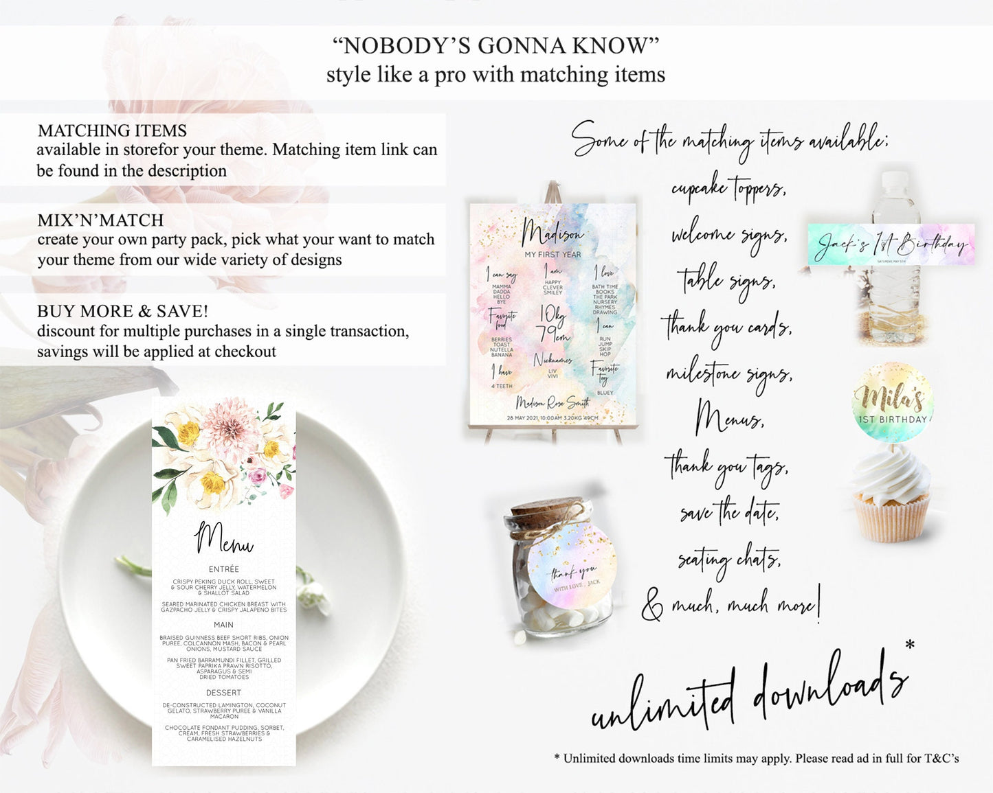 Secret Garden Menu Wildflower Menu Template Pastel Flower Garden Table Decor Boho Floral Dinner Dessert Floral Party Food Menu D11040