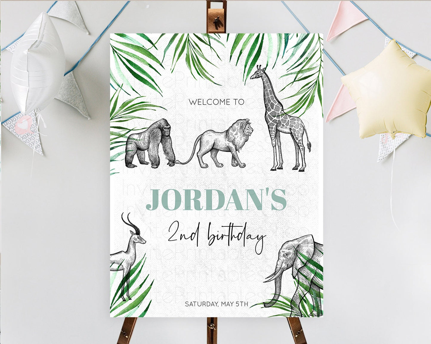 Safari Welcome Sign Safari Welcome Board Lion Gorilla Elephant Rhino Tropical Palm Zoo Party Decor First Birthday Welcome Sign D10853