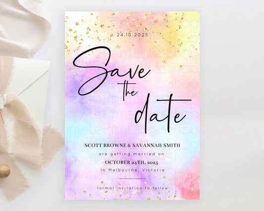 Editable Pastel Save The Date Template Pastel Ombre Rainbow Watercolor Color