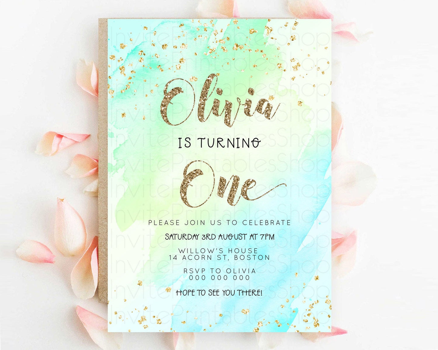 Green Birthday Invitation green Watercolor Invitation Pastel green Watercolor Invitation green Splash Gold Invitation First Birthday D23287