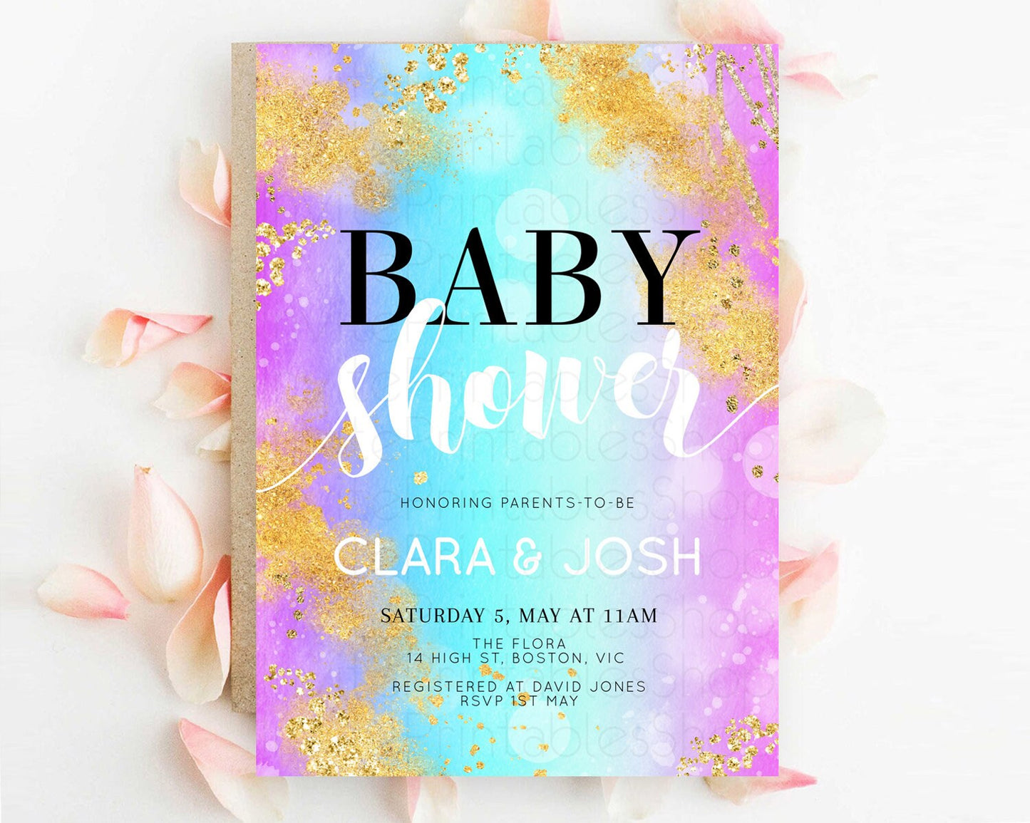 Pastel Baby Shower Invitation, Watercolor with Gold, Glitter Sprinkles, Bubbles Under The Sea Sand - Colorful Blue Purple Ombre Theme D10564