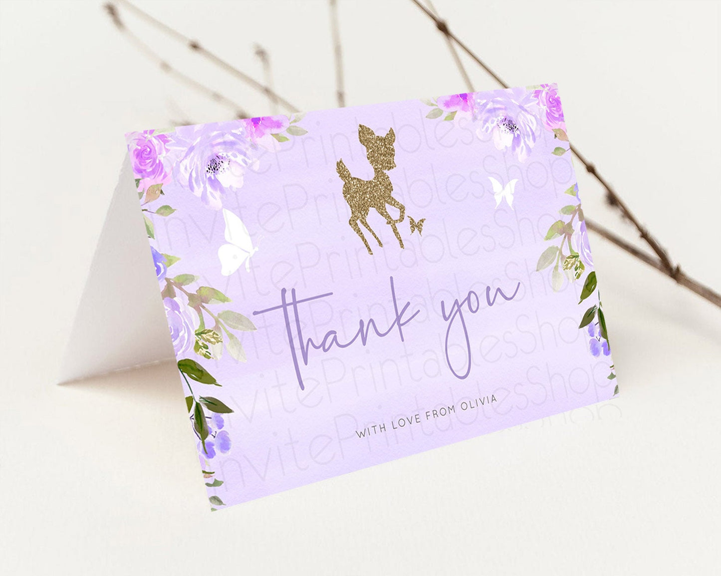 Editable Fawn Thank You Deer Thank You Card Pastel Floral Deer Birthday Than