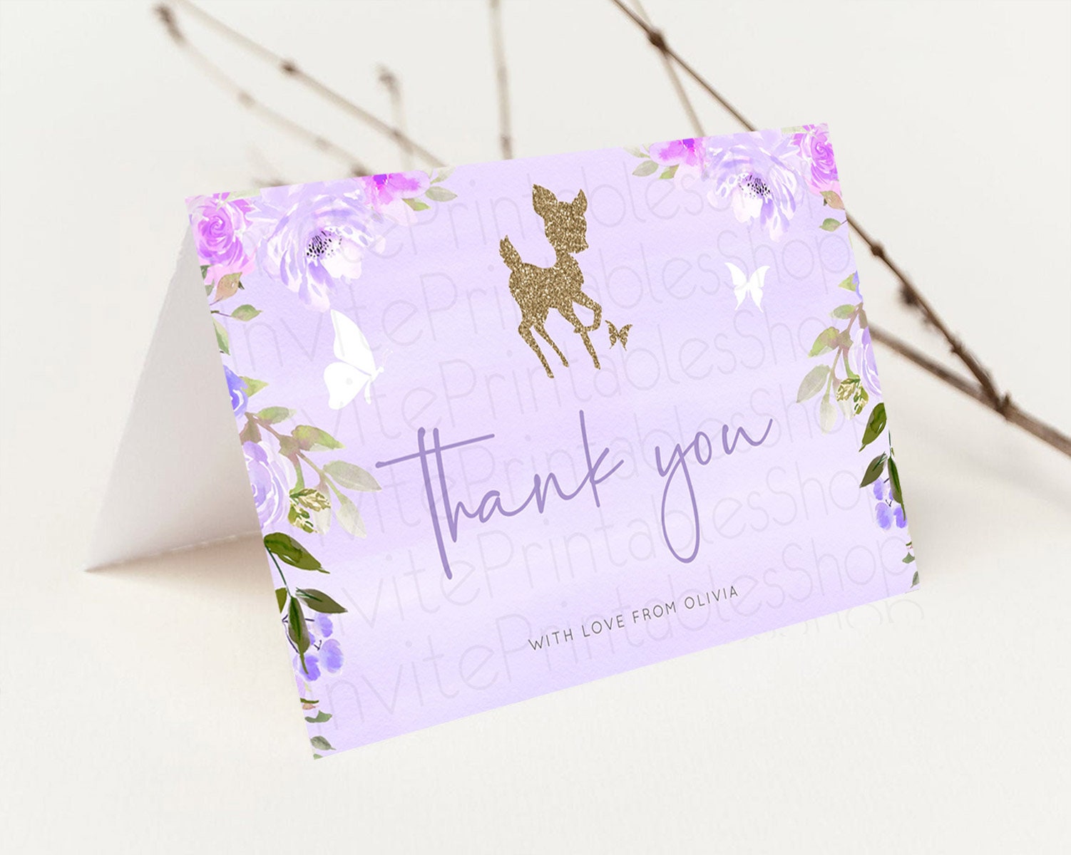 Editable Fawn Thank You Deer Thank You Card Pastel Floral Deer Birthday Than