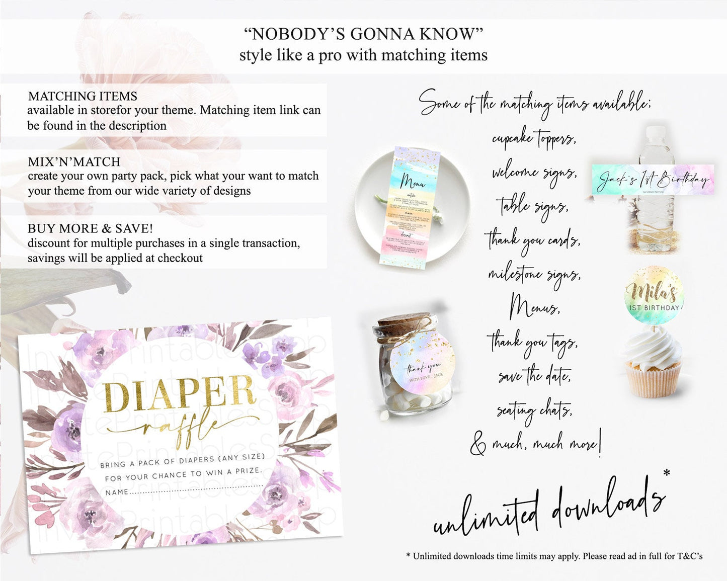 Secret Garden Diaper Raffle Card Boho Wildflower Diaper Raffle Insert Pastel Flower Garden Baby Shower Card Flower Raffle Game D10201