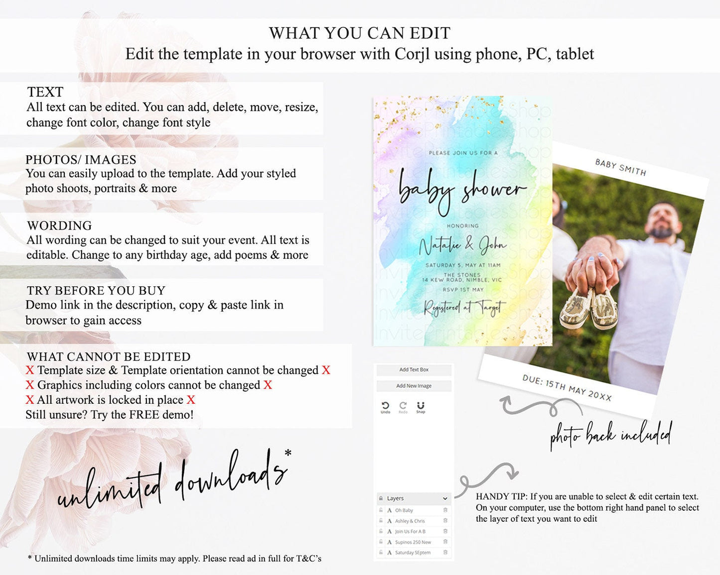 Pastel Baby Shower Invitation Rainbow Baby Shower Invitation Colorful Pastel Watercolor Invitation Gold Glitter Sprinkles Ombre D10171