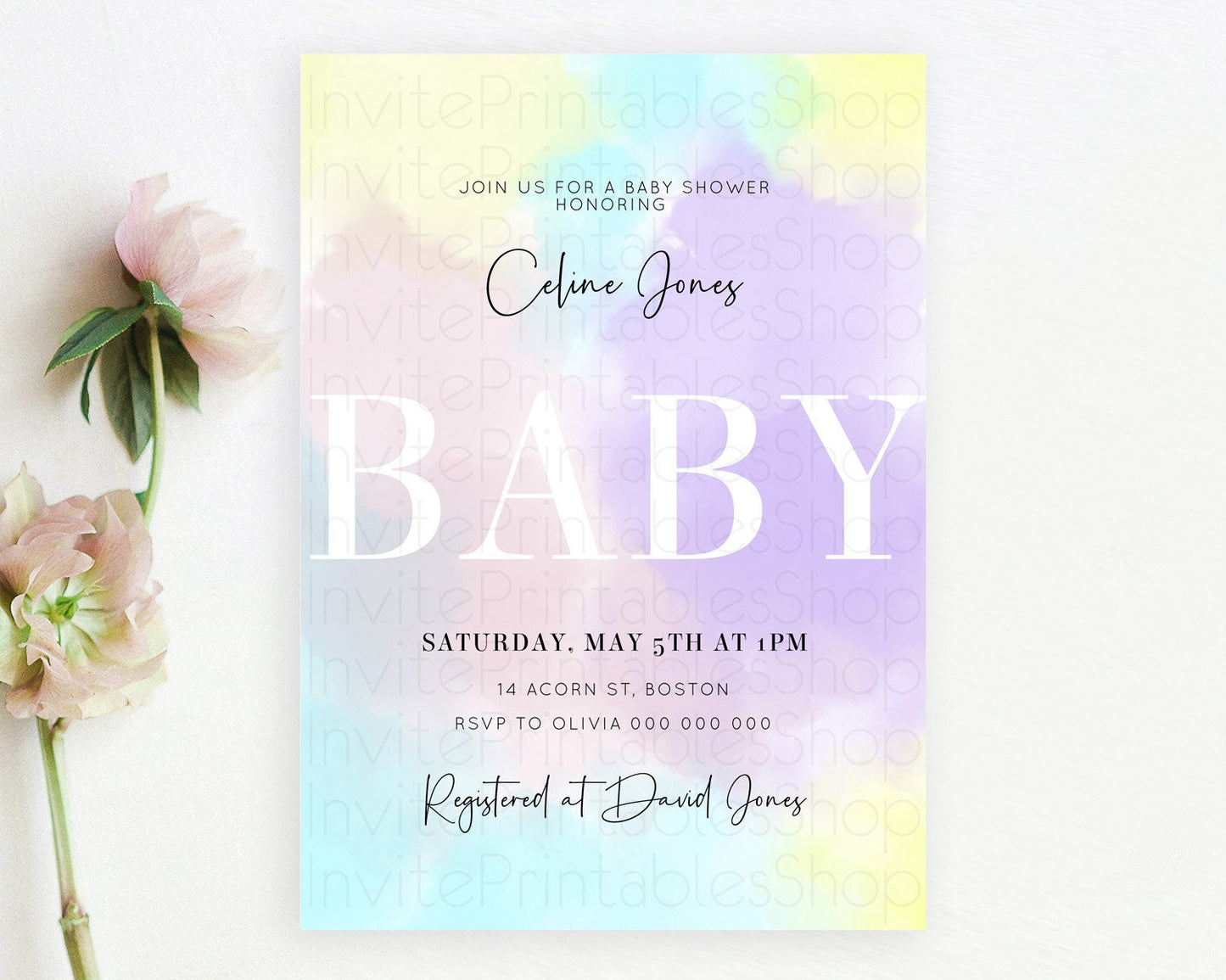 Pastel Baby Shower Invitation Rainbow Baby Shower Invitation Colorful Pastel Watercolor Invitation Gold Glitter Sprinkles Ombre D10617