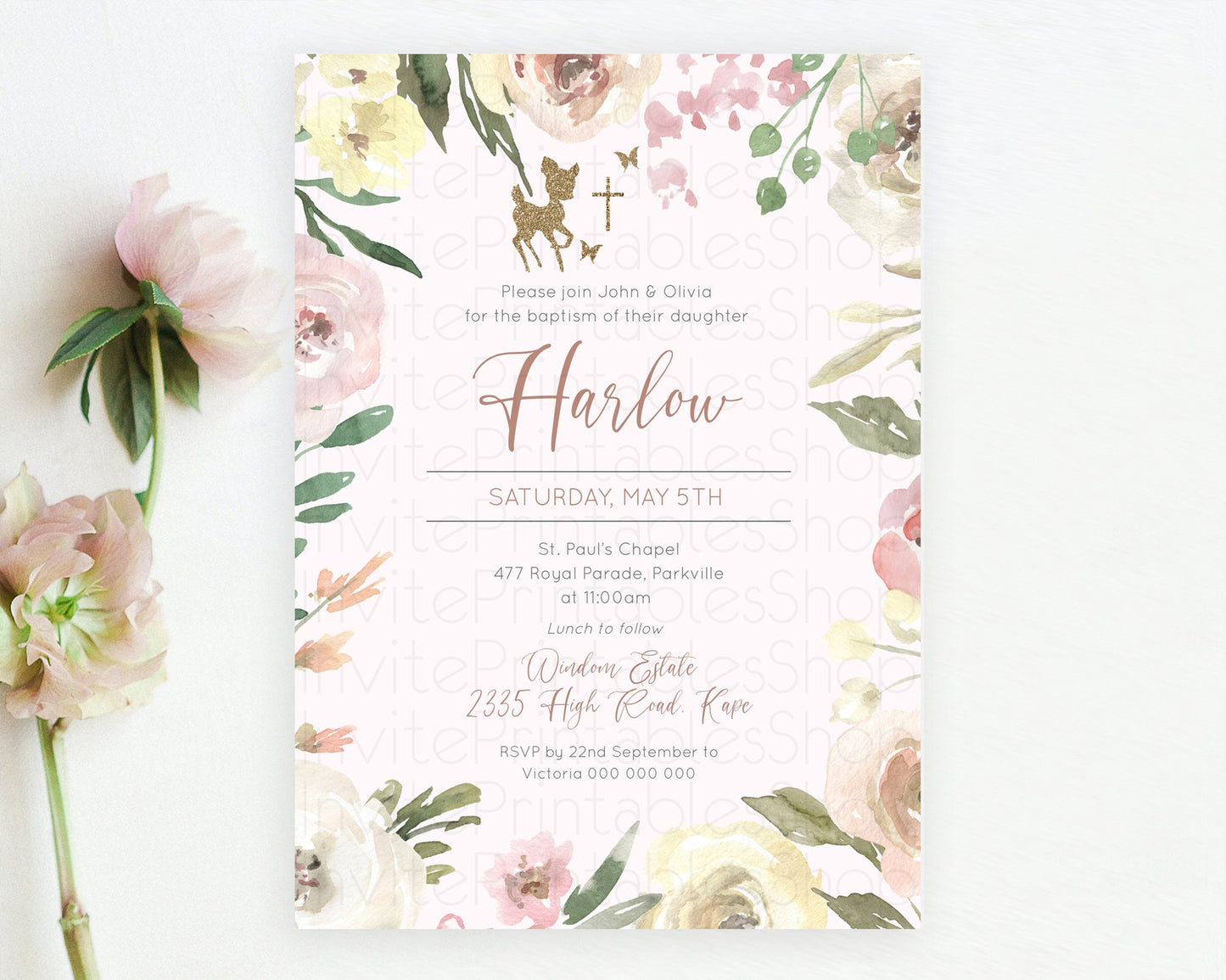 Fawn Baptism Invitation Deer Baptism 1st Birthday Invitation Enchanted Forest Christening Invitation Pastel Garden Butterfly Floral D10193