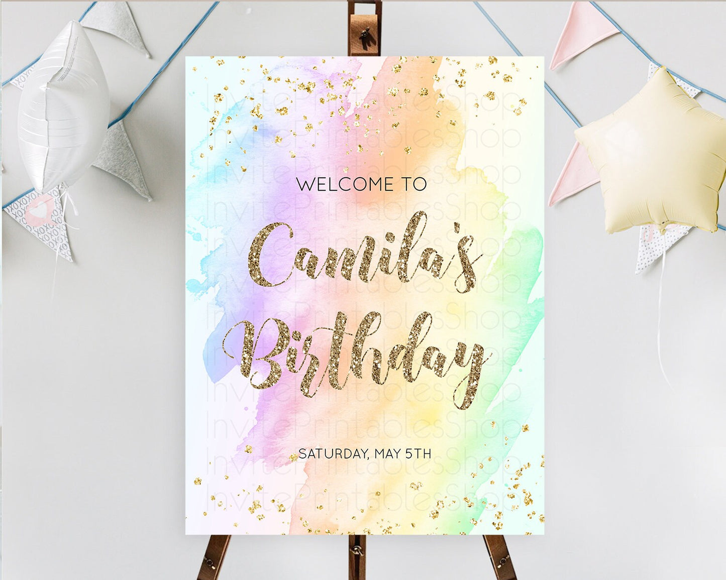 Pastel Welcome Sign Pastel Rainbow Welcome Sign Colorful Rainbow Confetti Watercolor Glitter Pastel First Birthday Welcome Sign D10643