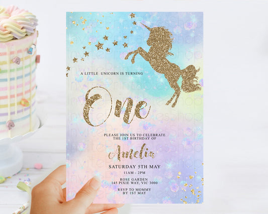 Unicorn Rainbow Birthday Invitation Pastel Birthday Invite Magical Ombre Invite Colorful Watercolor Invite Glitter Sprinkle Party D10952