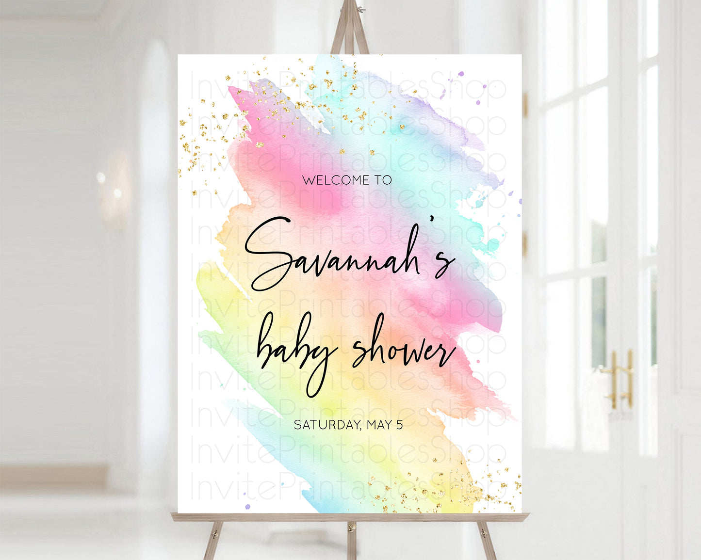 Pastel Baby Shower Welcome Board Pastel Rainbow Colorful Welcome Sign Ombre Watercolor Splash Welcome Board Glitter Sprinkles Welcome