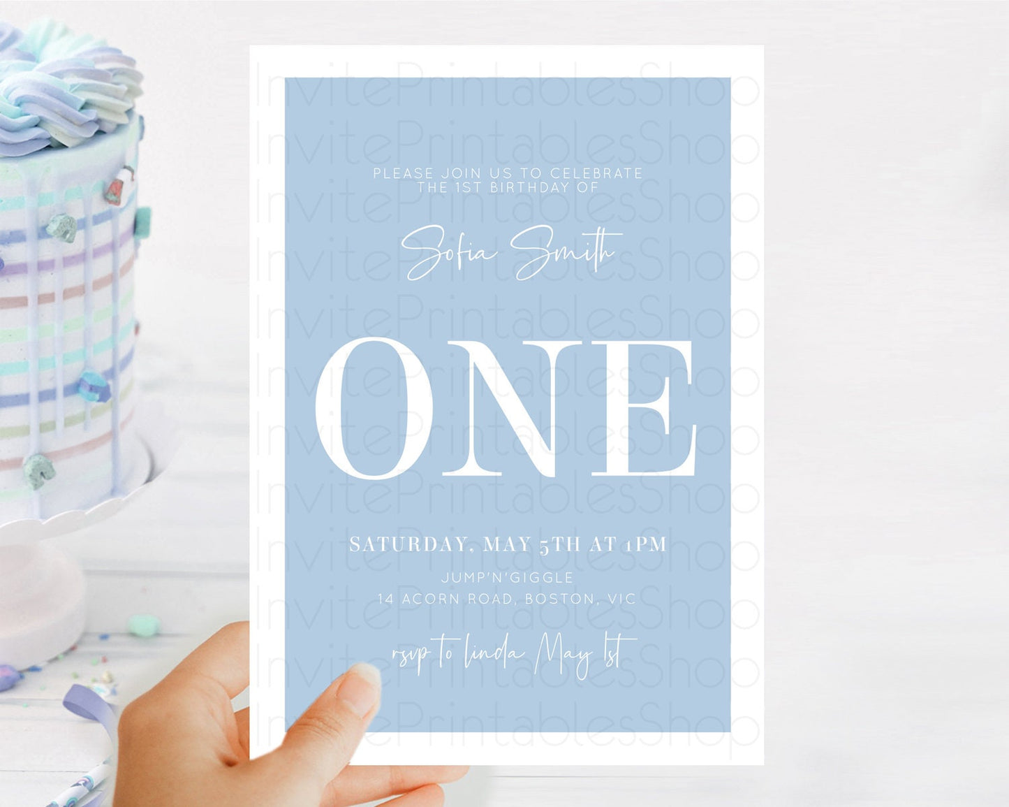 Blue Birthday Invitation Plain Blue Invitation Minimalist Invitation Pastel Blue Invitation Modern Invitation 2nd 1st First Birthday D10734