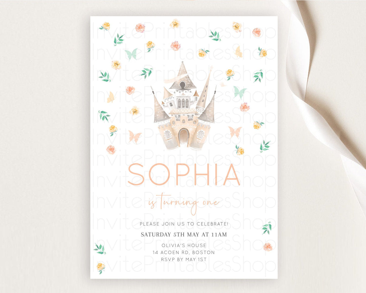 Princess Birthday Invitation Castle Invitation Royal Birthday Fairy Tale Enchanted Castle Pastel Floral Garden 1st First Birthday D10363