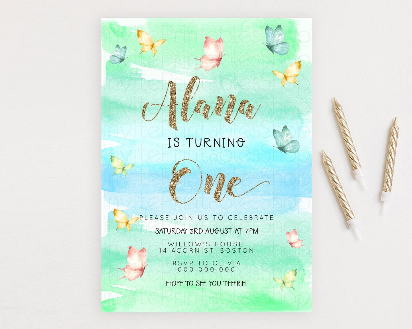 Pastel Butterfly Birthday Invitation Butterfly Birthday Invitation Colorful Splash Glitter Butterfly Garden 1st 2nd Birthday D23229