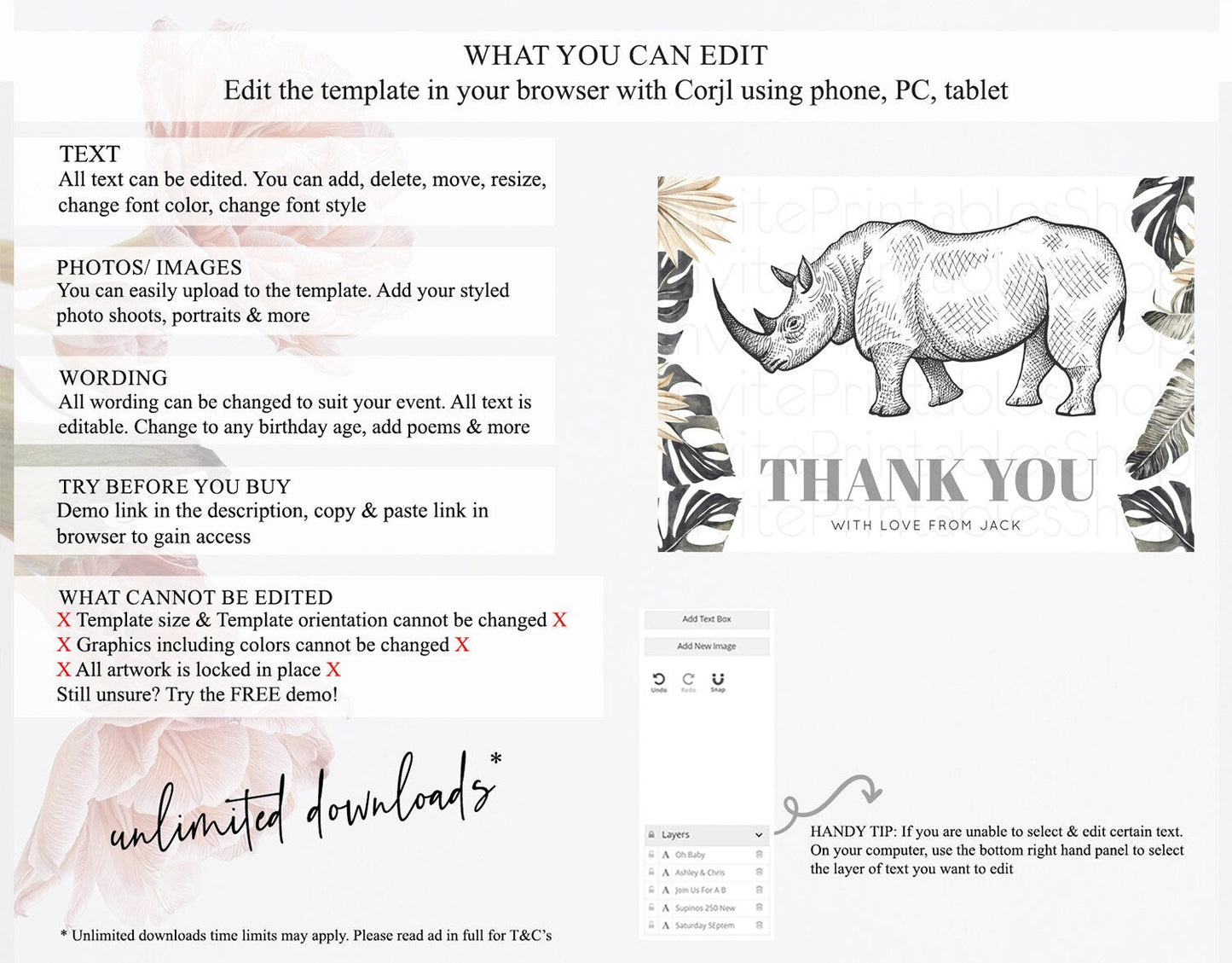 Rhino Thank You Rhino Thank You Card Rhino Birthday Thank You Card Rhino Card Template First Birthday Rhino Teacher Thank You Cards D10826