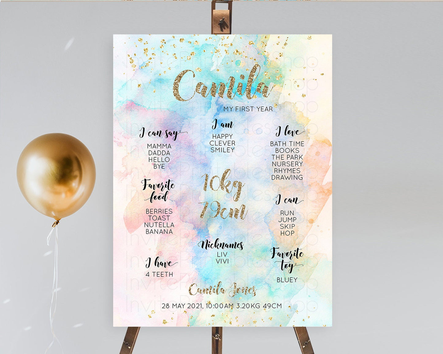 Pastel First Birthday Milestone Board Pastel Rainbow Milestone Poster Colorful Confetti Watercolor Glitter 1st Birthday Welcome Sign D10261