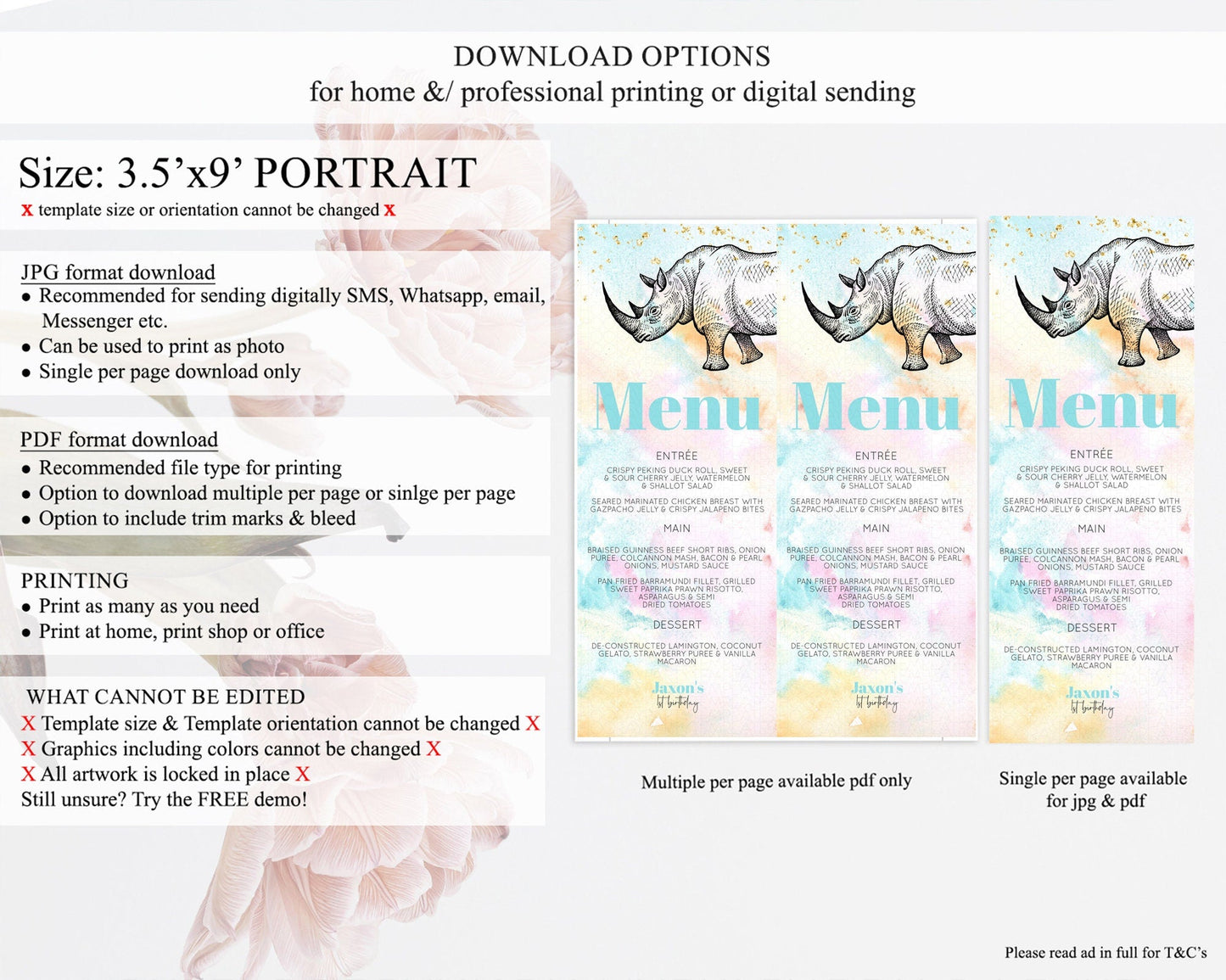 Pastel Rhino Menu Rainbow Rhino Menu Template Colorful Rainbow Safari Table Decor Pastel Dinner Dessert Menu Rhino Food Menu D10287