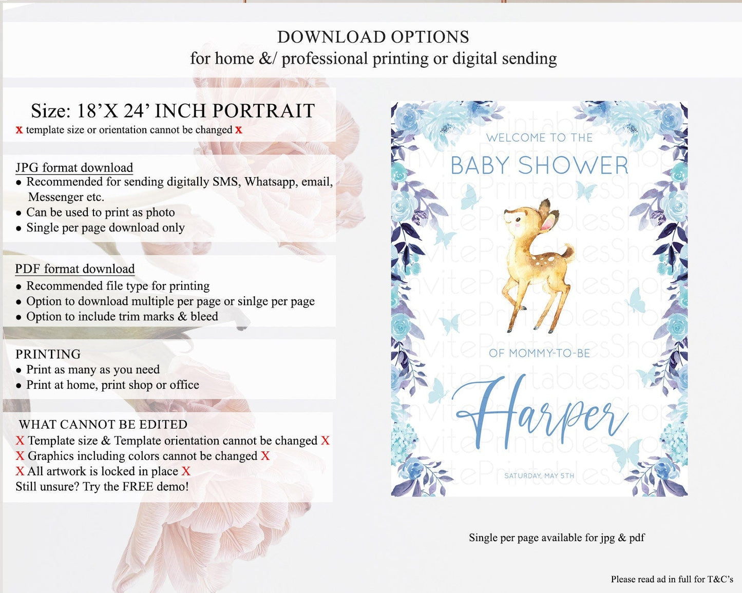 Fawn Baby Shower Welcome Sign Deer Welcome Board Floral Deer Welcome Poster Enchanted Forest Butterfly Pastel Floral Welcome Sign D10917