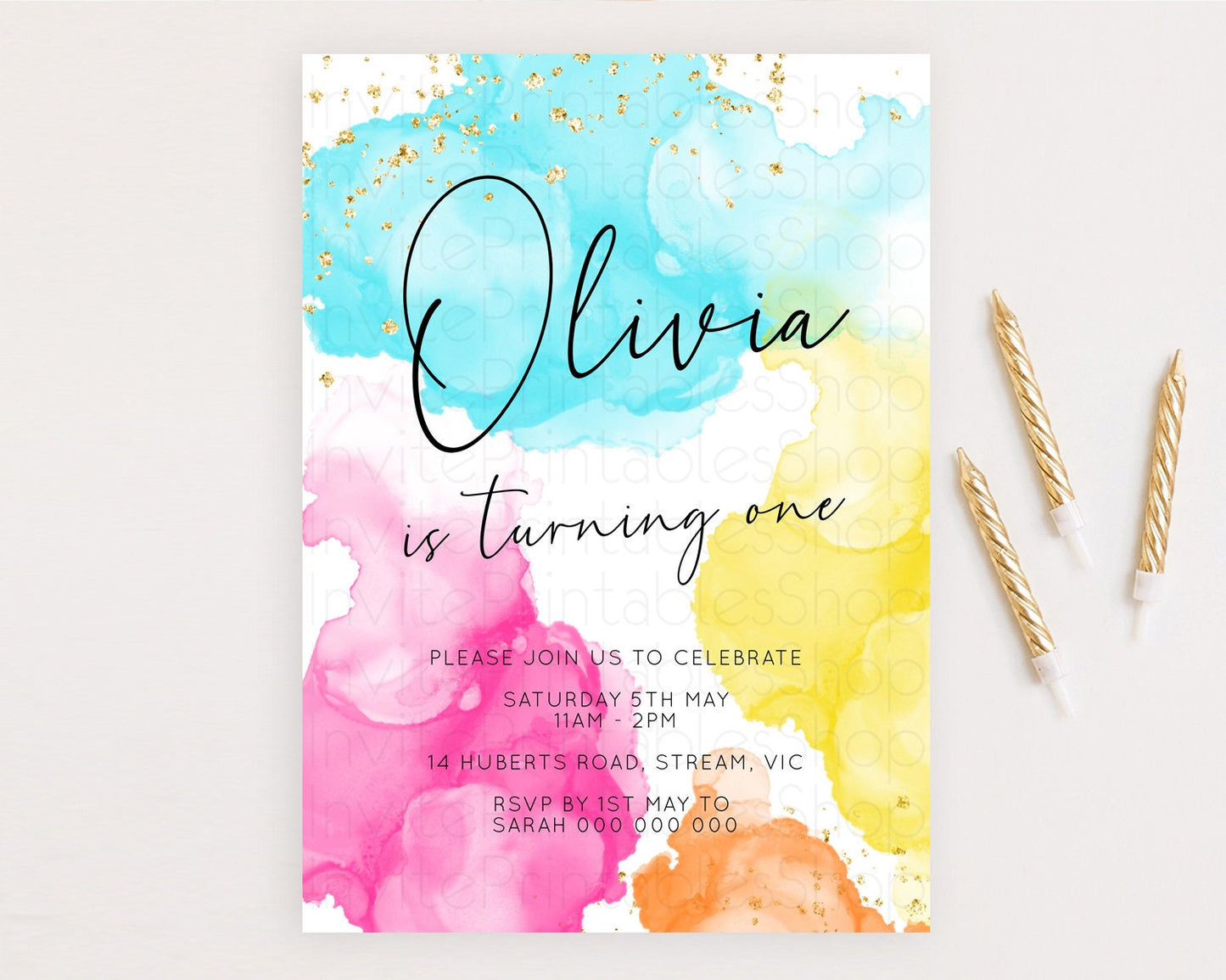 Rainbow Birthday Invitation Colorful Pastel Watercolor Invitation Gold Glitter Sprinkles Ombre Pastel 1st 2nd 3rd Birthday D10898